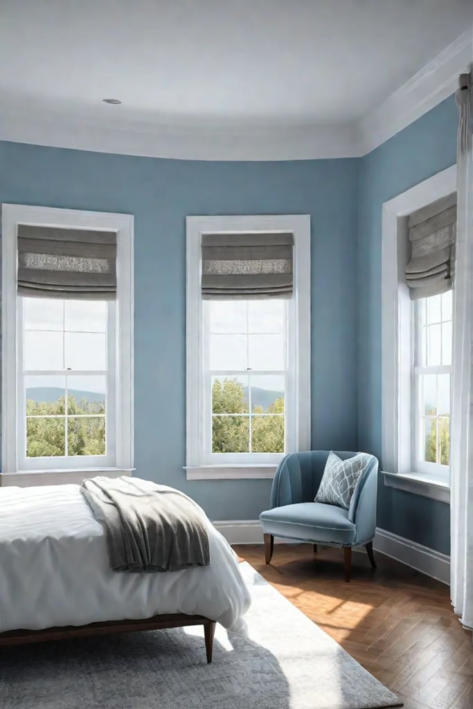 Peaceful bedroom with natural light and blue hues