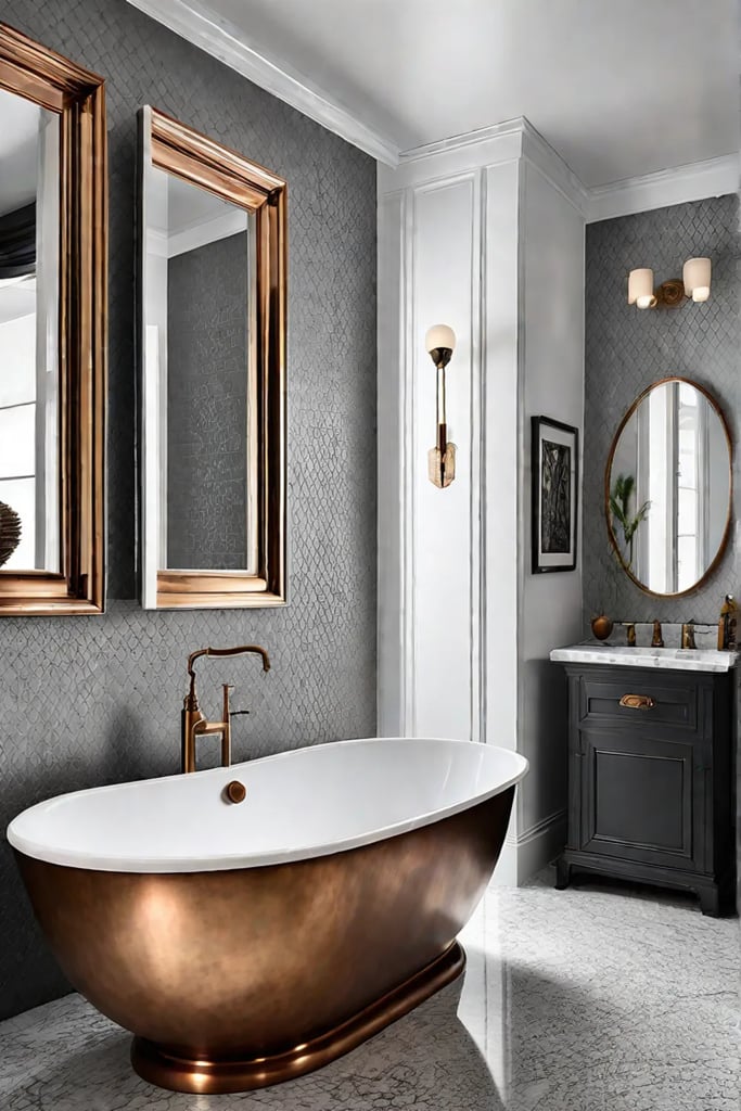 Traditional bathroom highlighting copper sinks patina