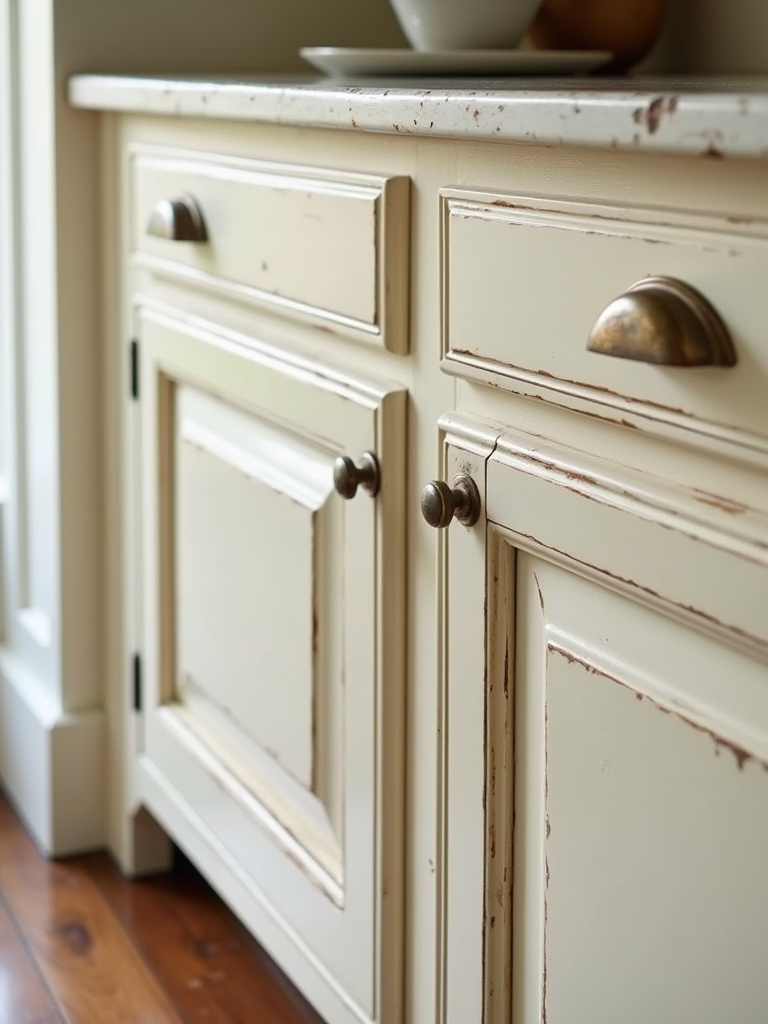 Close-up detail of antique glazed creamy white kitchen cabinets with aged brass hardware.