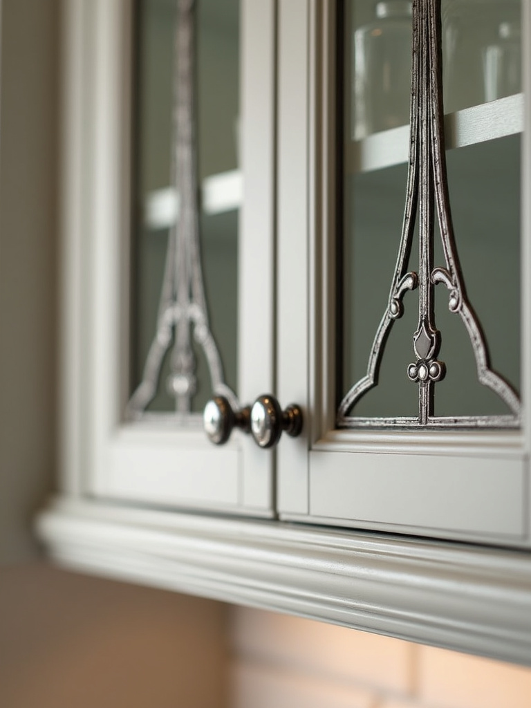 Close-up detail of light grey kitchen cabinet doors with decorative metal grille inserts in glass-front sections.