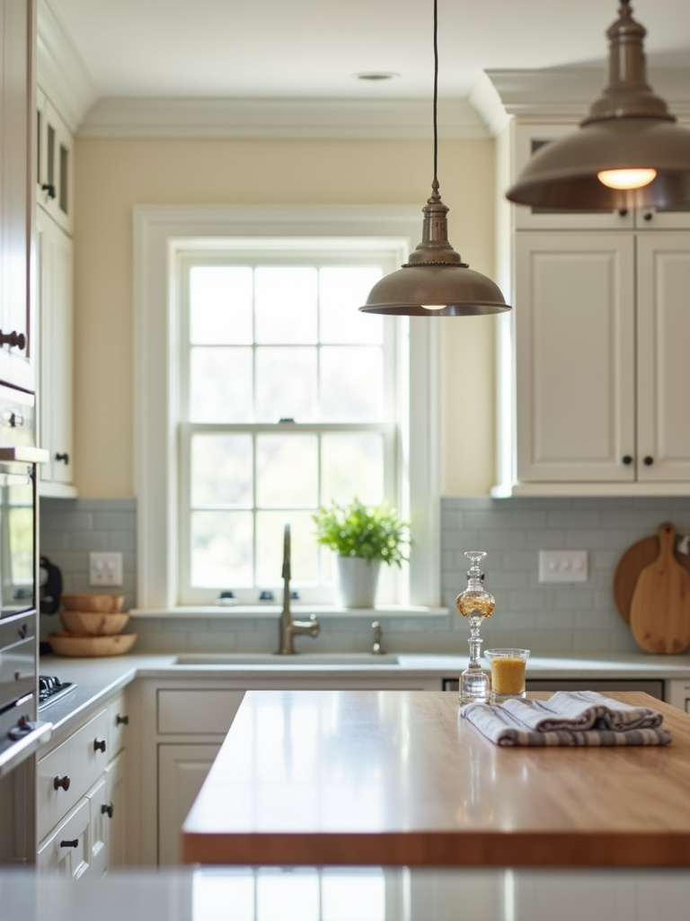 Traditional kitchen featuring creamy white cabinets adorned with elegant crown molding and brushed nickel pendant lights.
