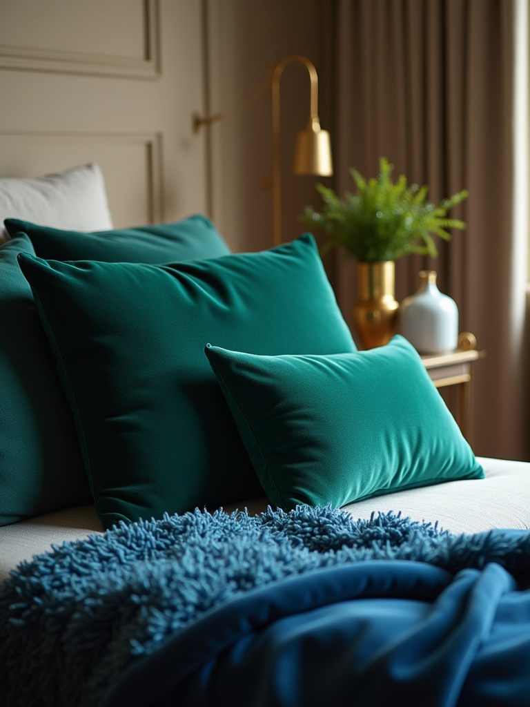 Medium shot of a cozy bedroom highlighting pops of deep jewel tones, such as emerald green velvet cushions and a sapphire blue throw, accented with gold décor against a warm neutral backdrop.