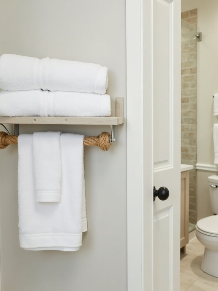 Coastal bathroom detail featuring a rope towel bar with folded white towels.