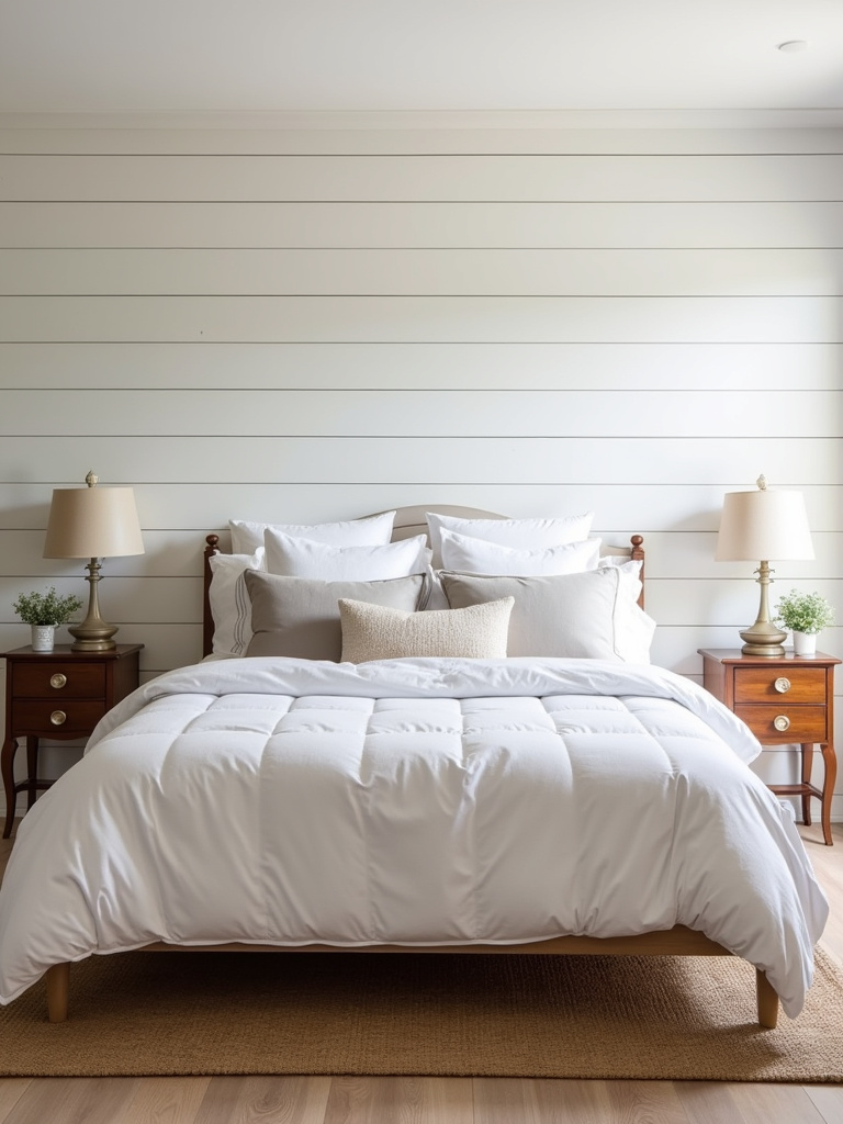 Wide view of a farmhouse bedroom featuring a white shiplap accent wall behind a bed with white bedding, wooden nightstands, lamps, and a jute rug, bathed in soft daylight.