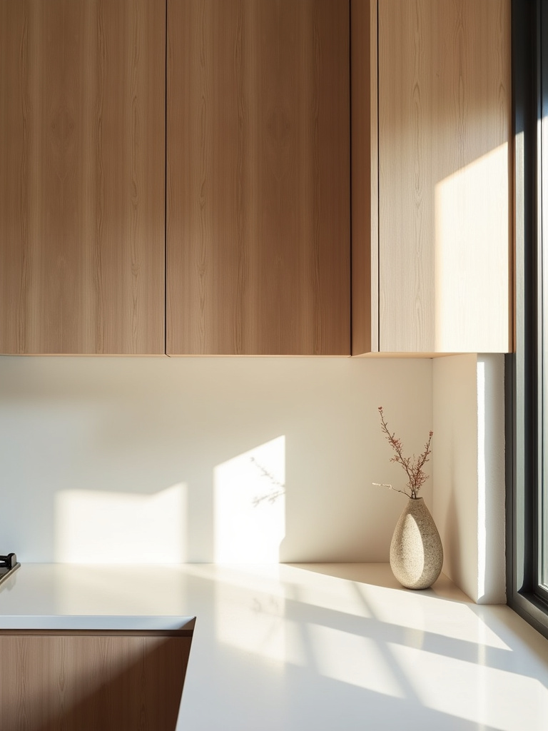 “Japandi minimalist kitchen showcasing wood veneer cabinets with visible grain, adding subtle texture to the space, complemented by a white countertop and minimalist ceramic vase.”