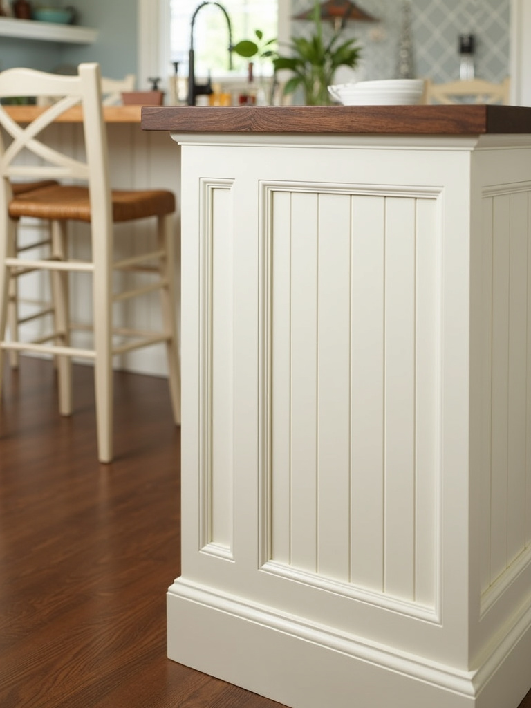 Traditional kitchen island featuring creamy white cabinets with beadboard wainscoting panel details.