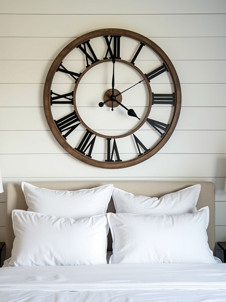 Farmhouse bedroom scene featuring a large farmhouse style wall clock with a distressed wood frame and Roman numerals mounted above a bed with white bedding and shiplap walls, serving as a focal point in the neutral-toned room.