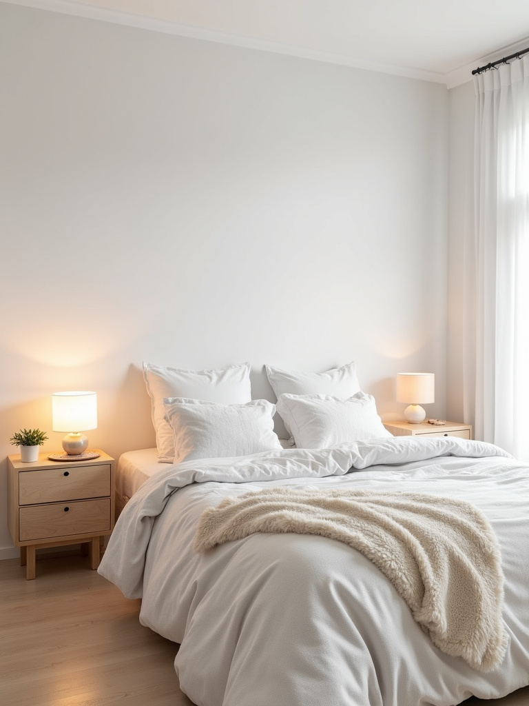 Wide shot of a cozy Scandinavian bedroom with white walls, light wood furniture, layered white bedding, soft textures, and warm lighting, showcasing minimalist yet inviting design principles.
