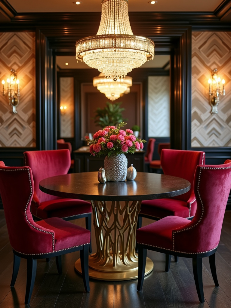 Art Deco dining room with a geometric gold base dining table, velvet chairs, patterned wallpaper, and a crystal chandelier.