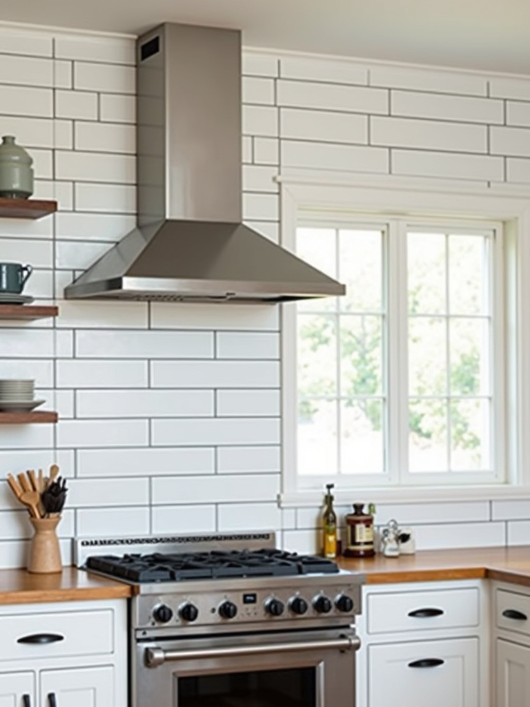 Modern farmhouse kitchen with white subway tile backsplash and open shelving.