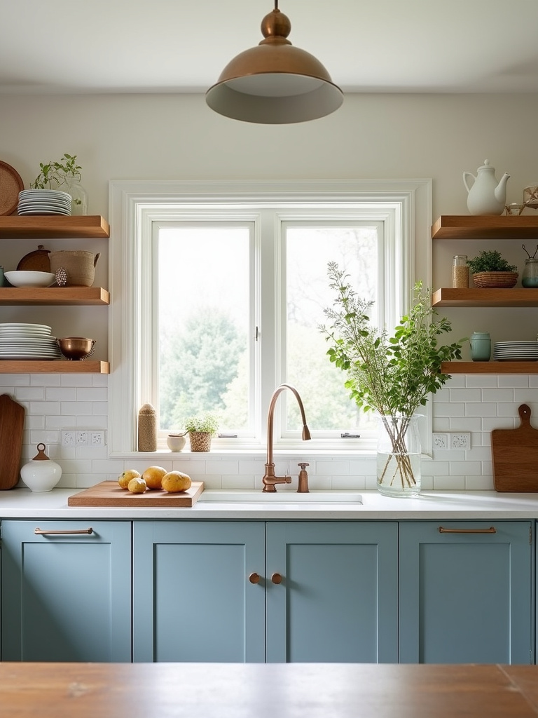 Traditional kitchen featuring light blue cabinets and open wood shelves displaying curated kitchenware flanking a window.