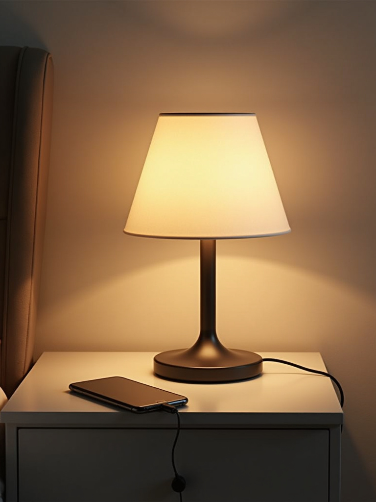Stylish bedside lamp with a built-in USB charger on a nightstand, with a phone charging cable plugged in.
