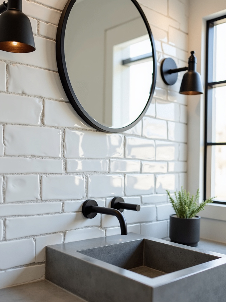 Industrial bathroom featuring white subway tile walls and matte black faucet and sink fixtures, complemented by a concrete countertop, round mirror, and industrial wall sconces under clean and modern lighting.