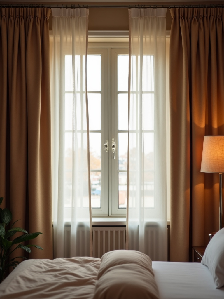 Bedroom window covered with closed blackout curtains, softly filtering light and creating a dark and cozy atmosphere.