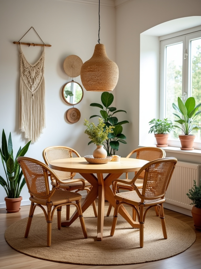 Bohemian dining room with a rattan and wood dining set, jute rug, macrame wall hangings, and potted plants.