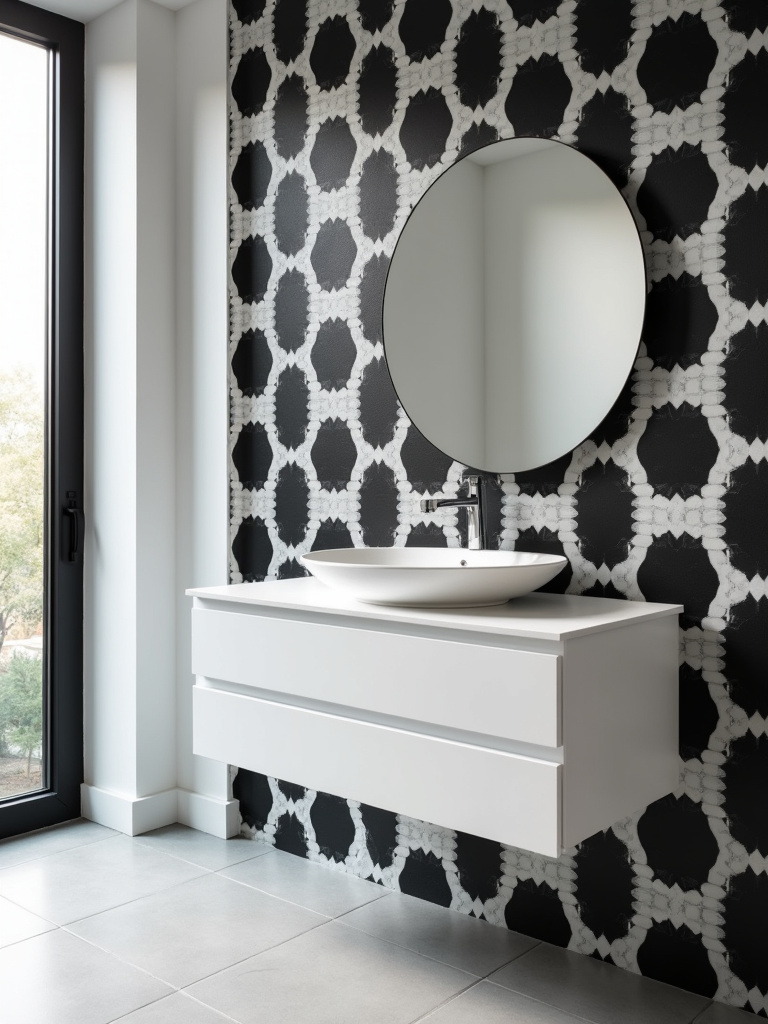 Modern bathroom featuring bold black and white geometric hexagon wallpaper behind a white floating vanity.