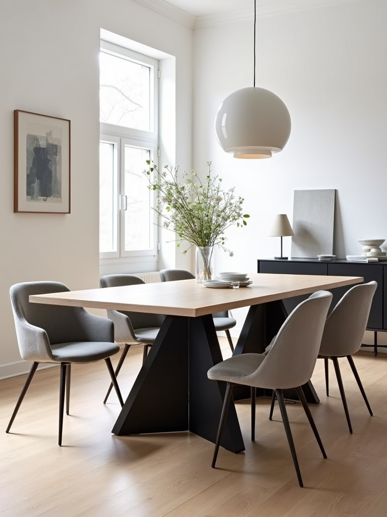 Modern dining room with a dining table featuring a bold black metal base and a light wood tabletop, surrounded by modern upholstered chairs.