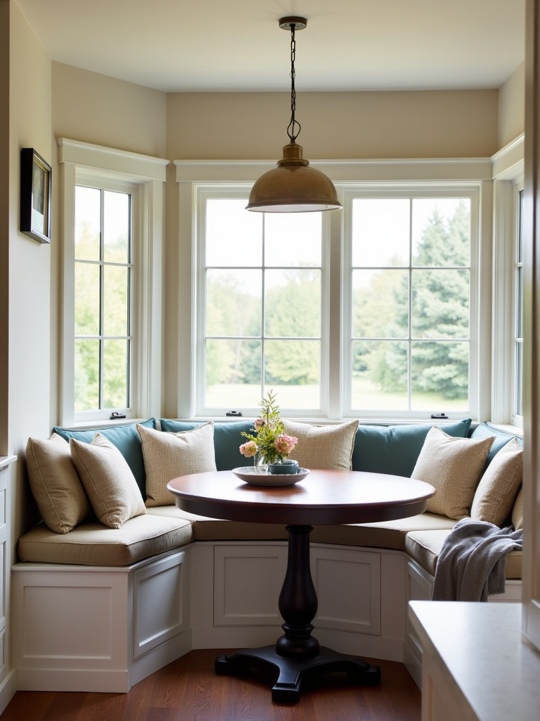 Cozy kitchen breakfast nook with built-in banquette seating and a round table.