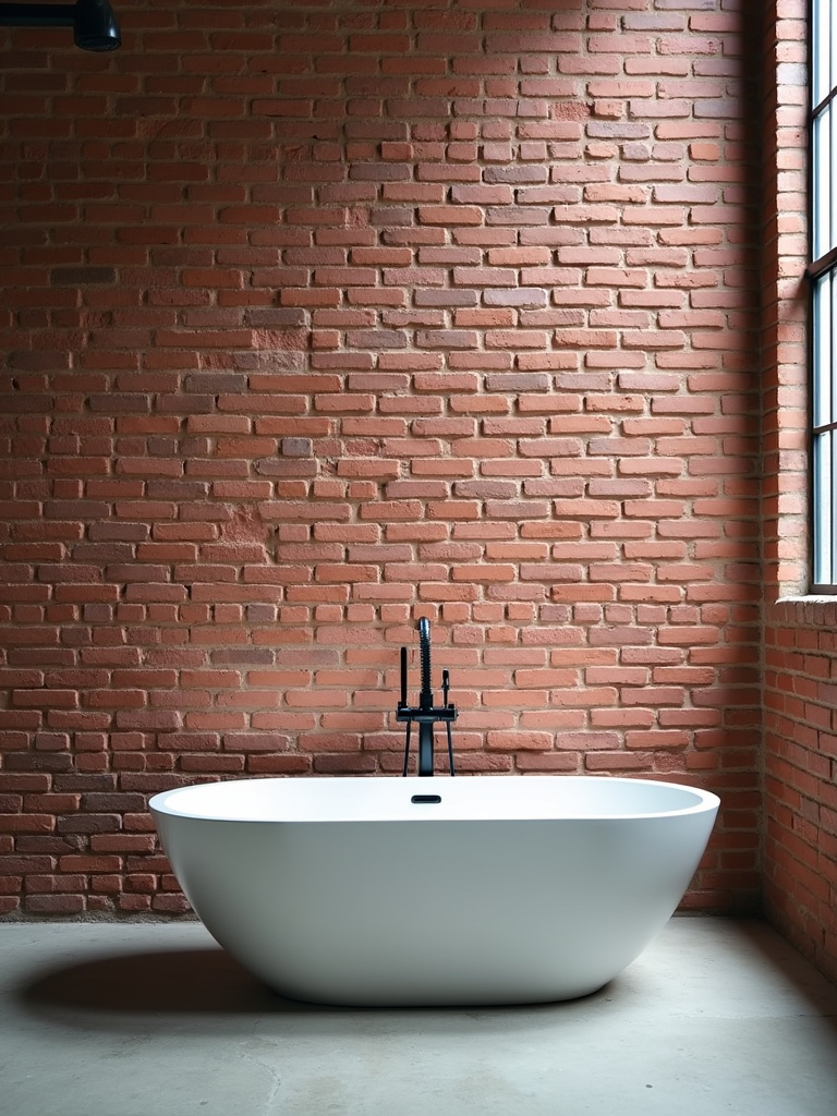 Industrial bathroom featuring an exposed red brick wall as a backdrop for a freestanding bathtub, complemented by a black metal floor-mounted faucet and concrete floor under natural skylight.