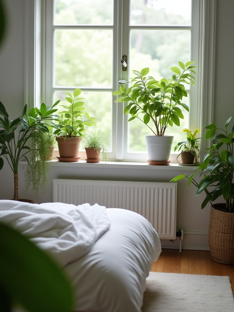 Medium shot of a cozy bedroom featuring indoor plants in various locations, adding greenery and serenity to the space, illuminated by soft natural light.