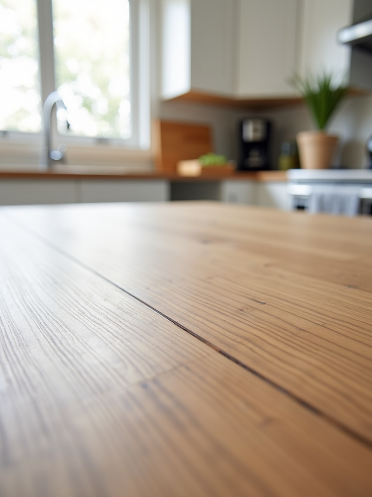 Close-up of a wood-look laminate kitchen countertop with natural light.