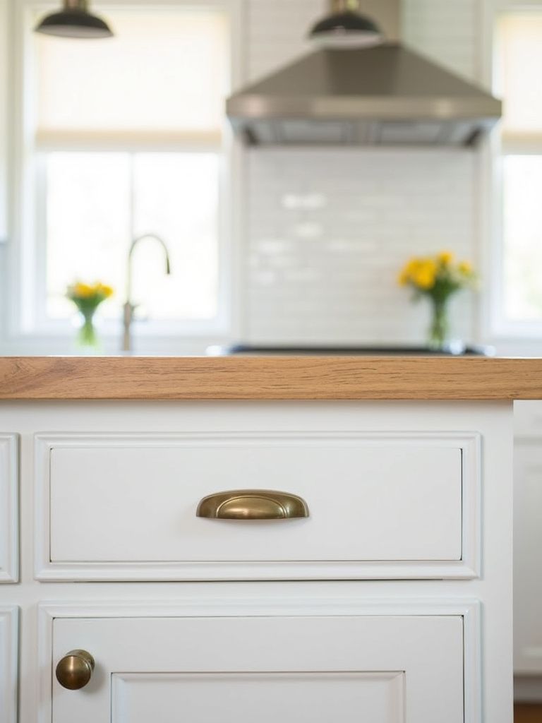Kitchen with refaced white shaker cabinets and new hardware.