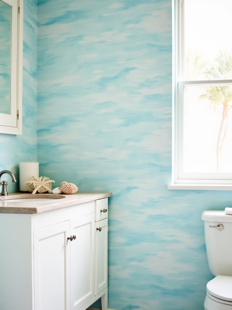 Calming coastal bathroom with watercolor wave wallpaper and natural wood accents.