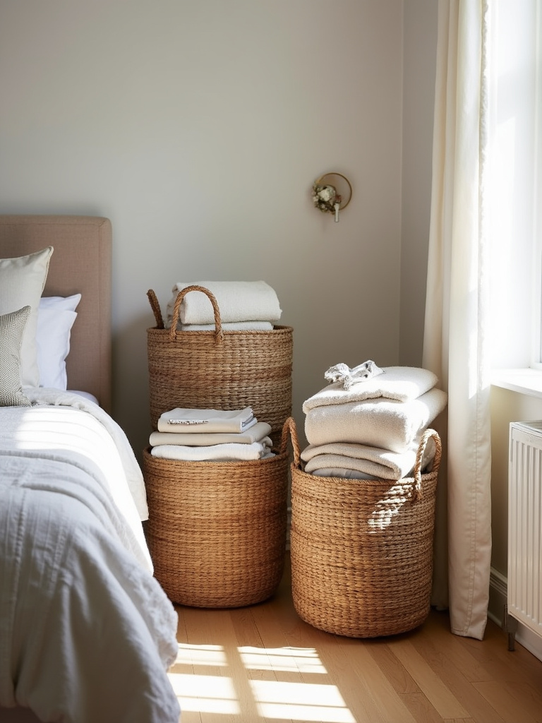 Chic woven storage baskets stacked in a bedroom corner, providing stylish and functional storage for blankets and linens.