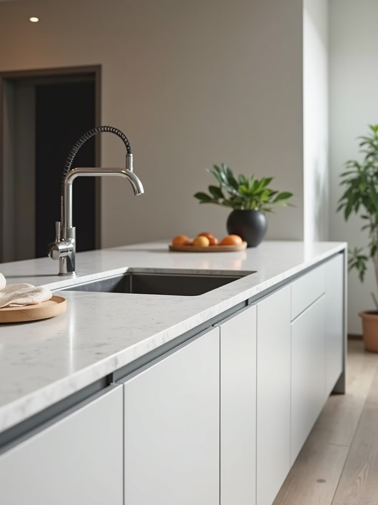 “Modern minimalist kitchen featuring a durable light gray quartz countertop, stainless steel sink and faucet, and sleek cabinets, highlighting low-maintenance and easy-to-clean materials.”