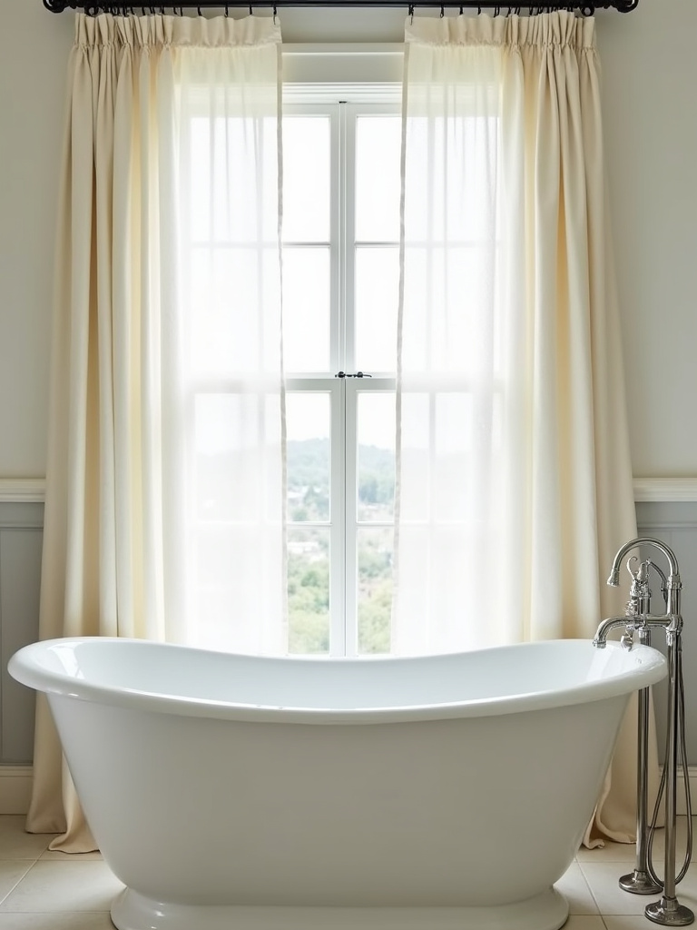 Coastal bathroom with sheer linen curtains on a window allowing natural light to filter in.