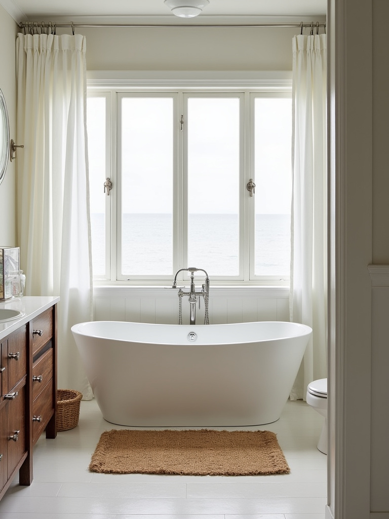 Coastal bathroom featuring a jute rug in front of a freestanding bathtub.