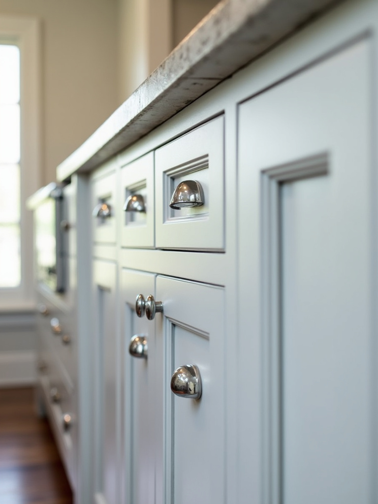 Close-up detail of traditional inset kitchen cabinets in light grey paint and polished chrome hardware.