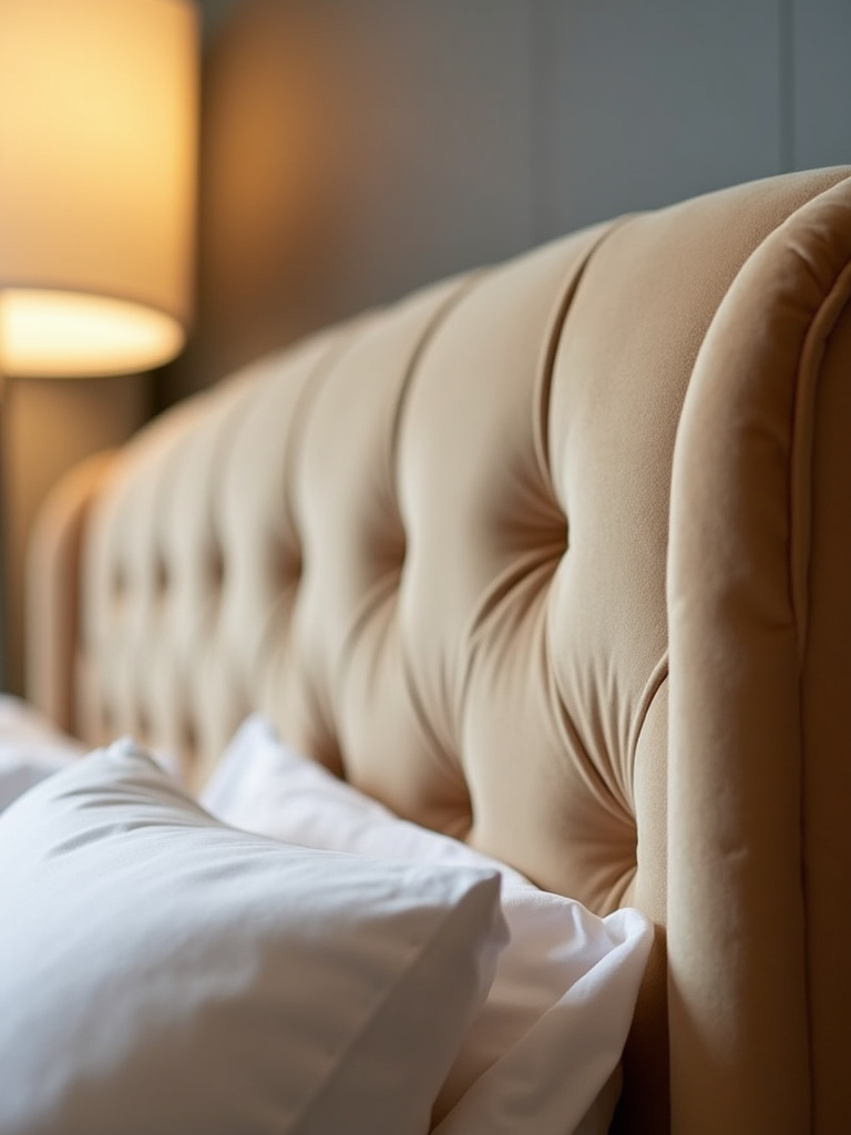 Close-up of a luxurious upholstered headboard in warm neutral velvet with a tufted design, showcasing its soft texture and comfortable aesthetic.