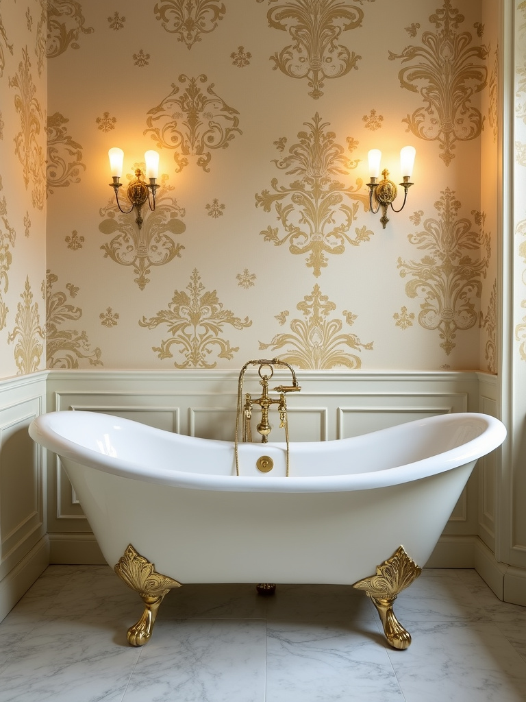 Vintage bathroom with cream and gold damask wallpaper and a clawfoot bathtub.