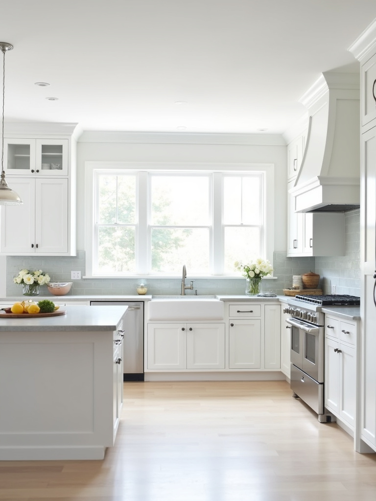 Bright, elegant white kitchen with classic white shaker cabinets, light grey quartz countertops, stainless steel appliances, brushed nickel hardware, and natural daylight.