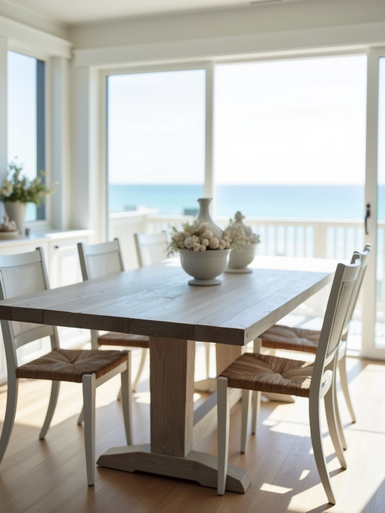 Coastal dining room featuring a driftwood finish dining table, white chairs, and a serene beach view in the background.