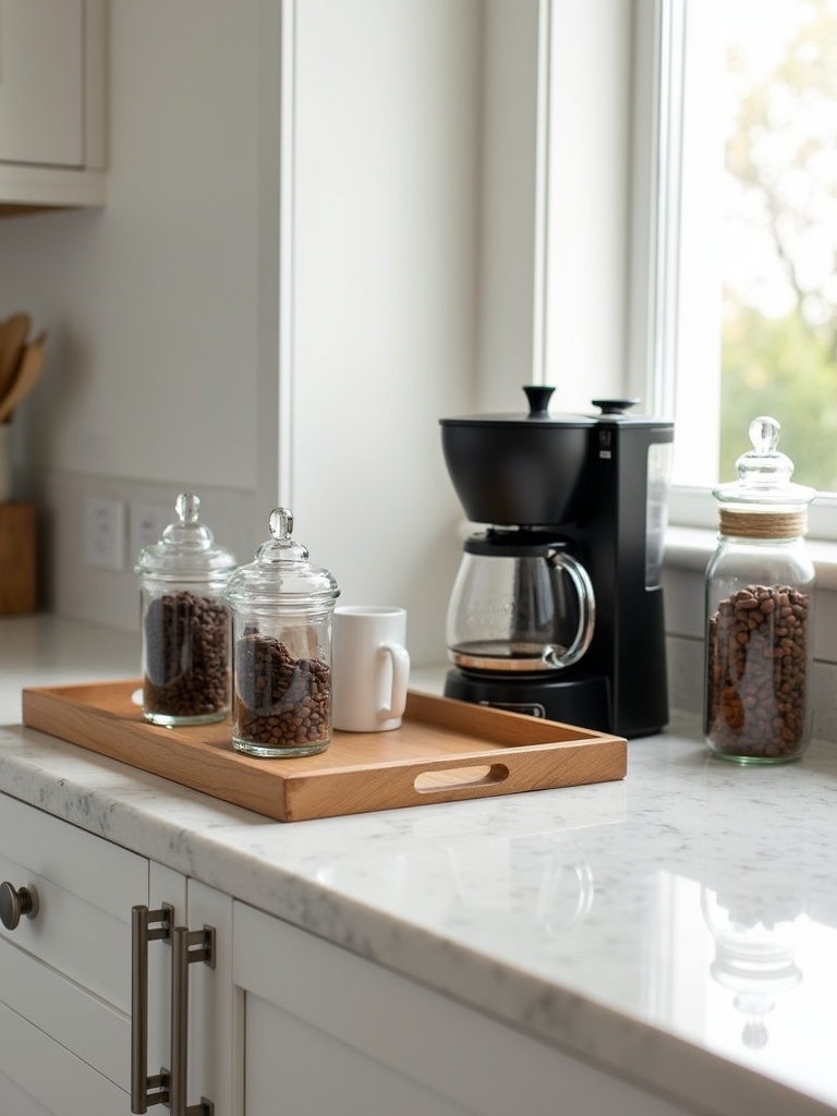 Stylish kitchen coffee station setup with coffee maker, mugs, and accessories.