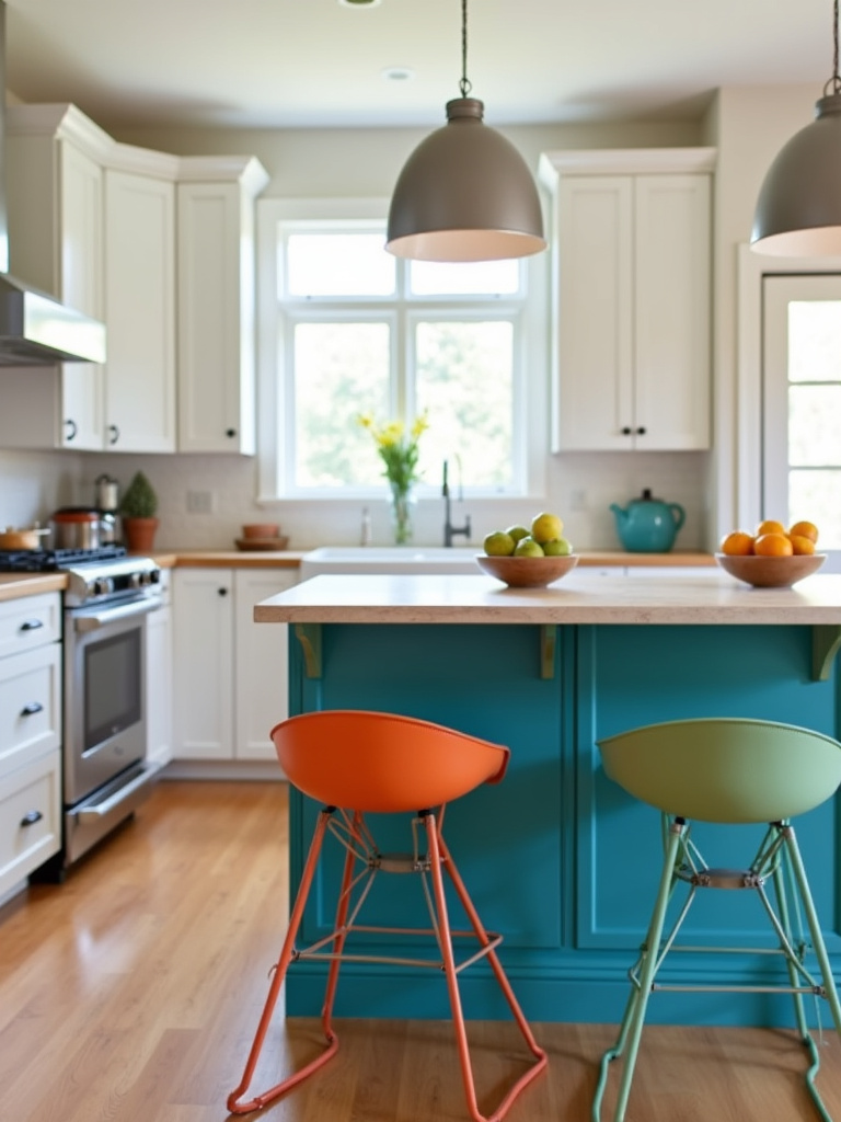 Kitchen with pops of color from a teal kitchen island and colorful bar stools.