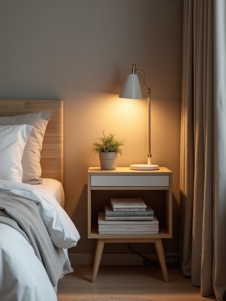 Compact bedside bookshelf next to a bed, displaying books, a lamp, and a plant in a minimalist bedroom.