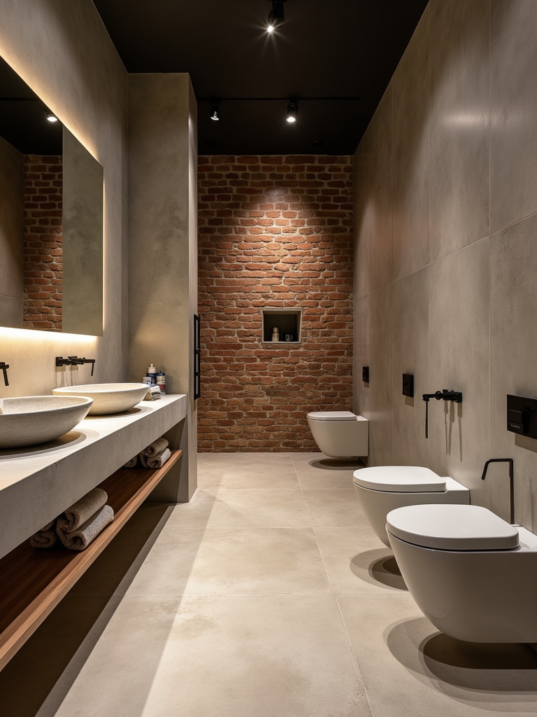 Industrial bathroom showcasing a polished concrete floor and countertop with an integrated sink, set against an exposed brick wall, illuminated by warm spotlights.