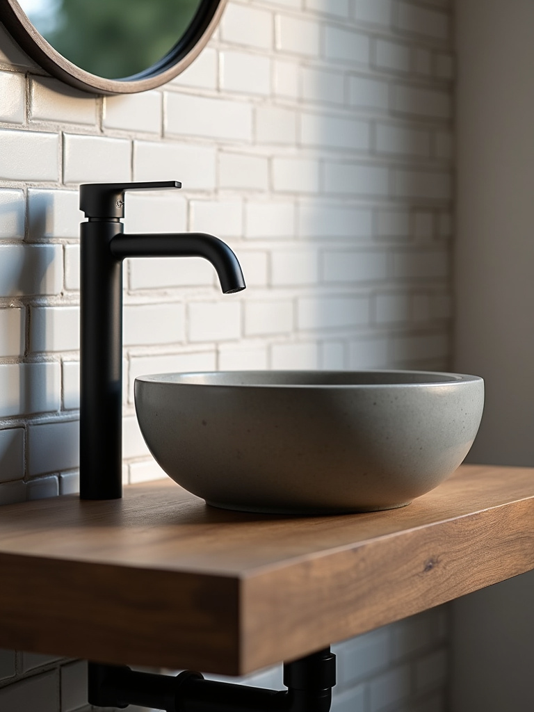 Industrial bathroom highlighting a grey concrete vessel sink on a wood vanity, paired with a black wall-mounted faucet and exposed pipes underneath, set against a subway tile backsplash under soft natural light.