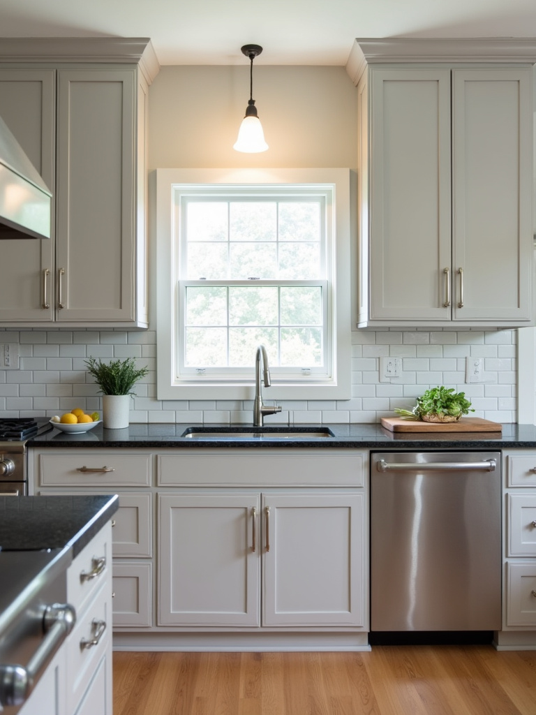 Traditional kitchen featuring light grey Shaker-style cabinets, black granite countertops, and brushed nickel hardware.