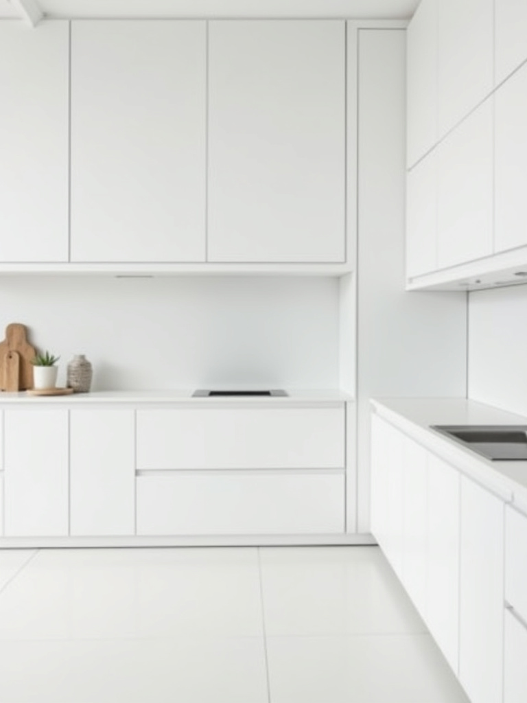 “Modern minimalist kitchen in a monochromatic white color scheme, showcasing different shades of white on cabinets, countertops, and walls, creating a serene and unified aesthetic.”
