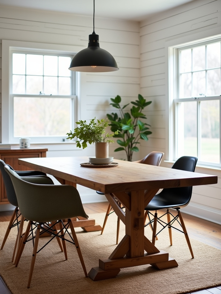 Contemporary farmhouse dining room with a reclaimed wood table, mixed modern chairs, white shiplap walls, and jute rug.