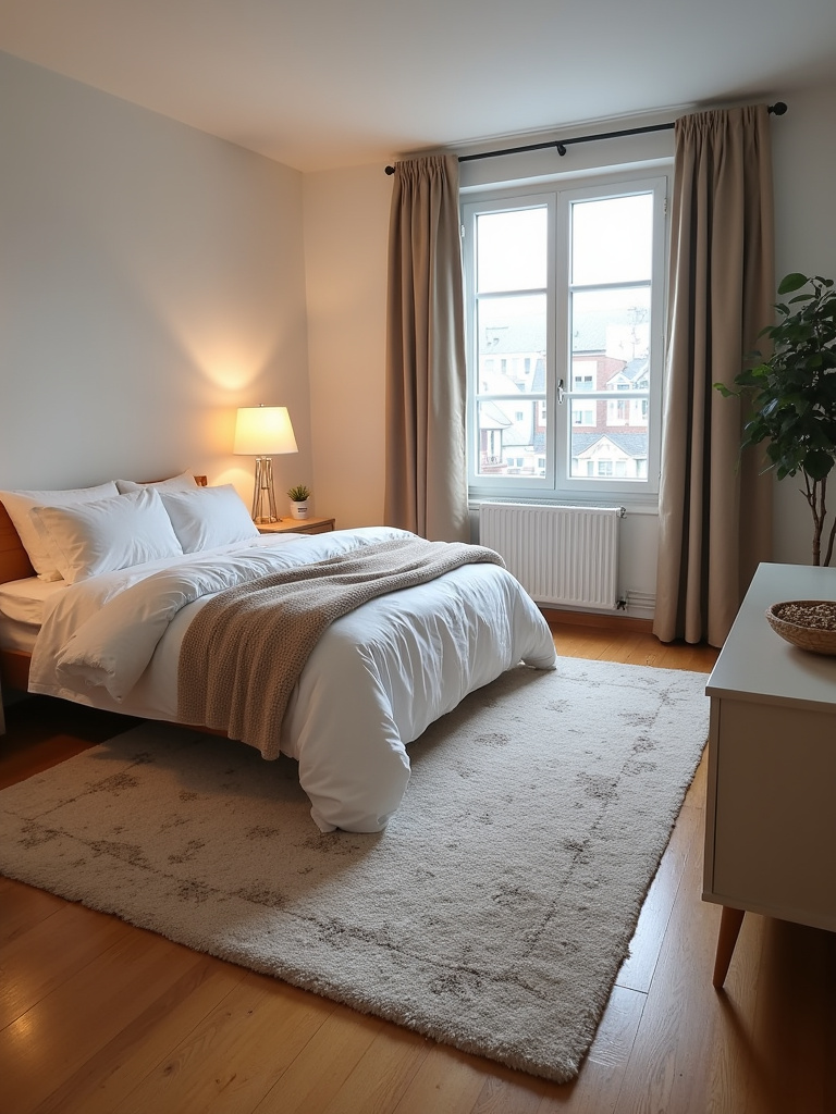Soft and patterned area rug underneath a bed in a cozy apartment bedroom with hardwood floors.