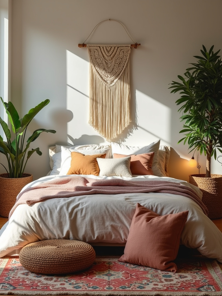 Wide shot of a cozy Boho-chic bedroom featuring layered rugs, cushions, and throws in diverse patterns and textures, along with macrame and plants, creating a relaxed and eclectic atmosphere.