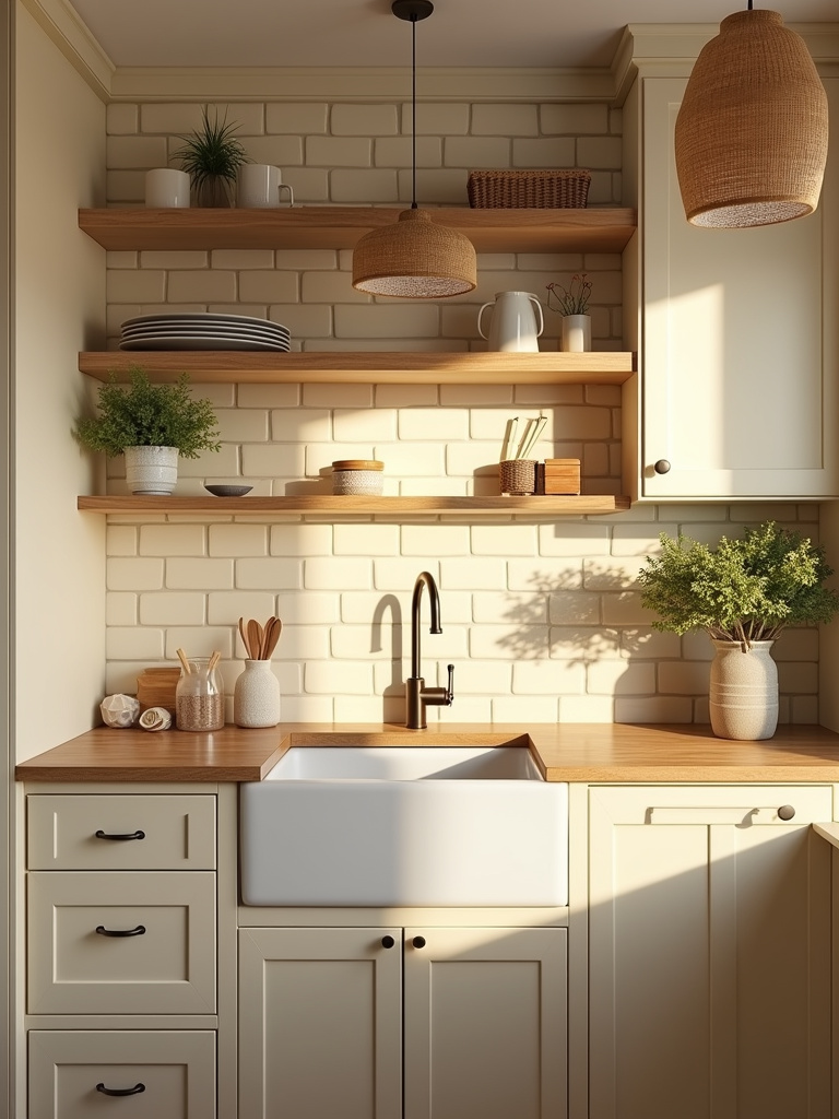 Warm and inviting farmhouse kitchen with a creamy subway tile backsplash and wood accents.