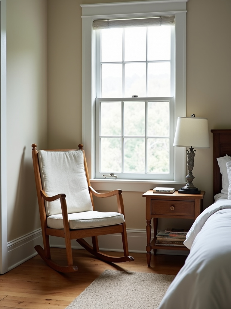 Farmhouse bedroom reading nook featuring a wooden rocking chair with a linen cushion, accompanied by a small side table with a lamp and books, illuminated by soft daylight from a window, creating a cozy and inviting space.
