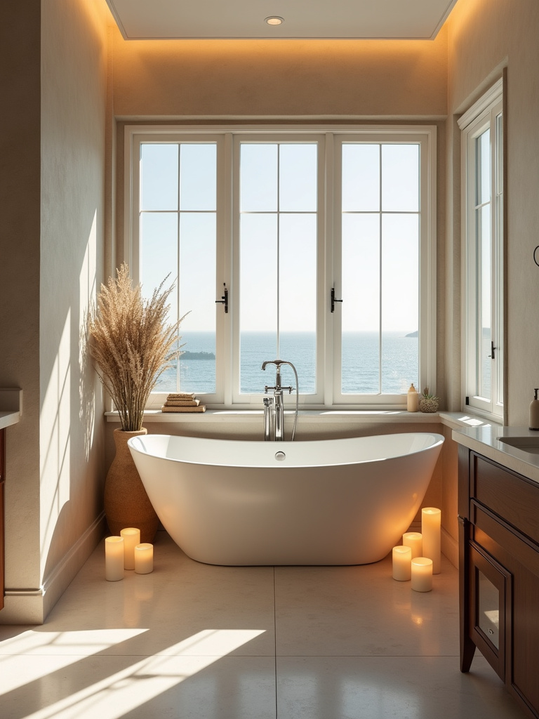 Coastal bathroom with soft lighting and candles around a freestanding bathtub creating a relaxing atmosphere.