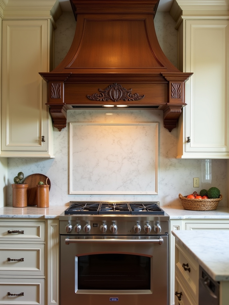 Traditional kitchen featuring a decorative wood range hood cabinet as a focal point above the cooktop.